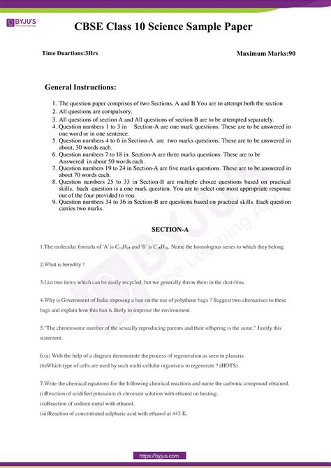 Cbse Class 10 Science Sample Paper Set 3 Download Pdf