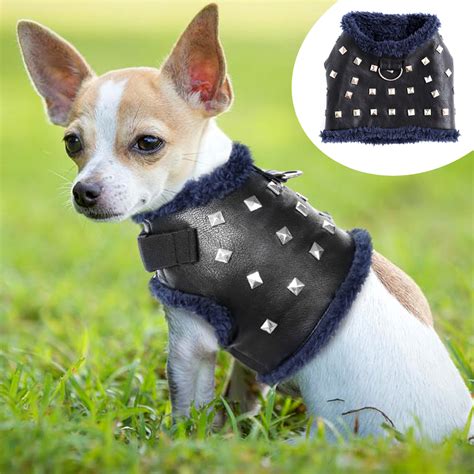 Studded Dog Winter Leather Harness Warm Fleece Puppy Vest Jacket For