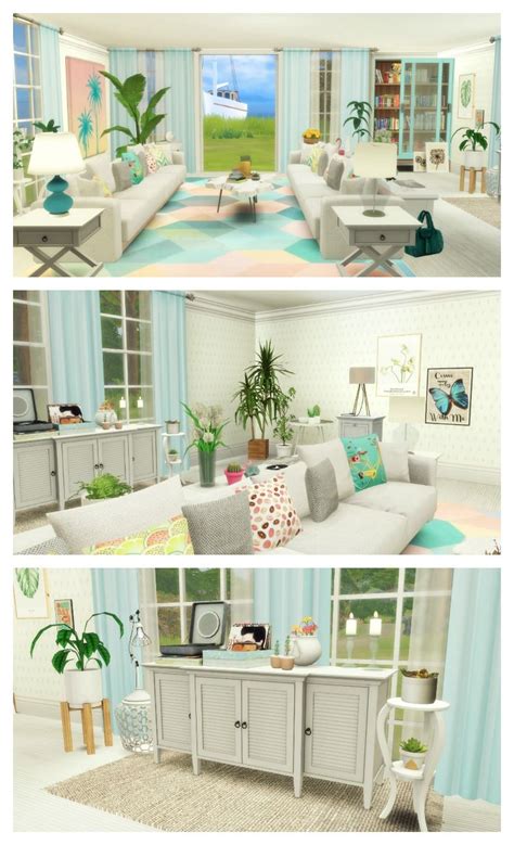 Three Different Views Of A Living Room With Furniture