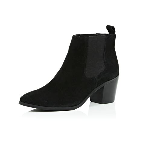 lyst river island black suede mid heel ankle boots in black