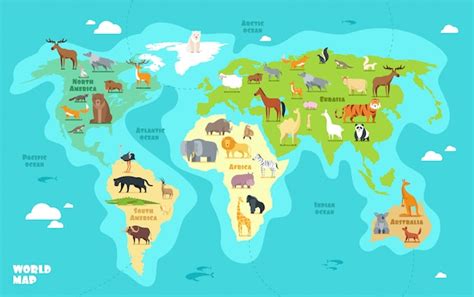 Premium Vector Cartoon World Map With Animals Oceans And Continents