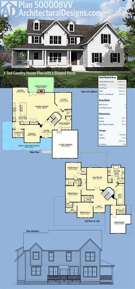 Browse our exclusive house plans with construction cost. Plan 500008VV: 4 Bed Country House Plan with L-Shaped ...