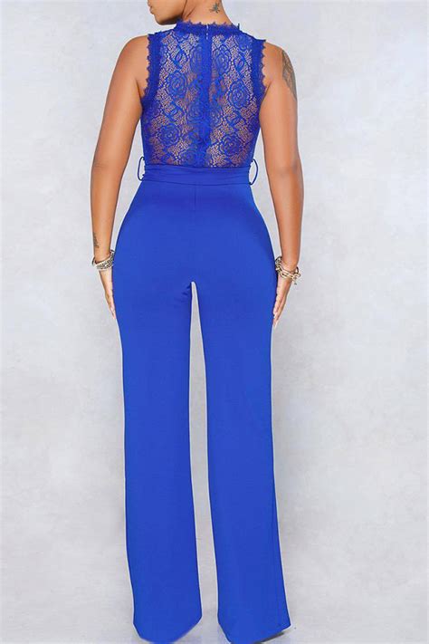 Lovely Sexy Patchwork Royal Blue Twilled Satin One Piece Jumpsuit