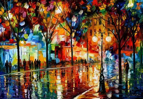 Leonid Afremov Painting Trees Street Light Street Reflection