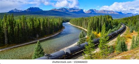 Long Freight Train Moving Along Bow Stock Photo 1324464653 Shutterstock