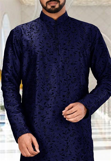 Buy Embroidered Dupion Silk Kurta In Navy Blue Online Mlc370 Utsav Fashion