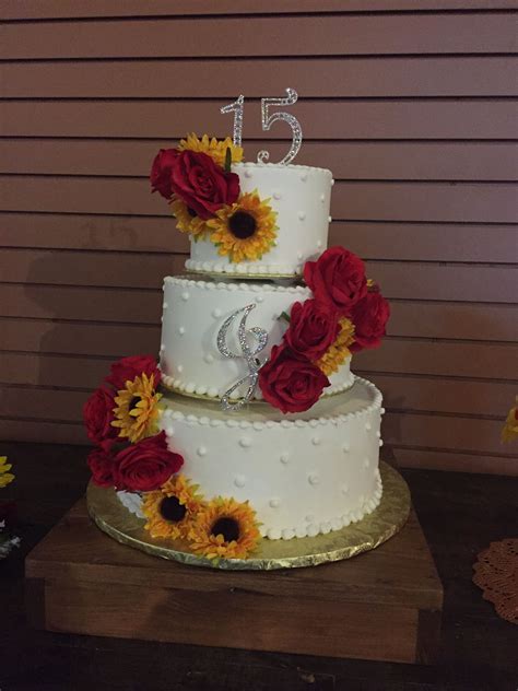 Sunflowers And Red Roses Quince Cake Sunflower Wedding Cake Wedding