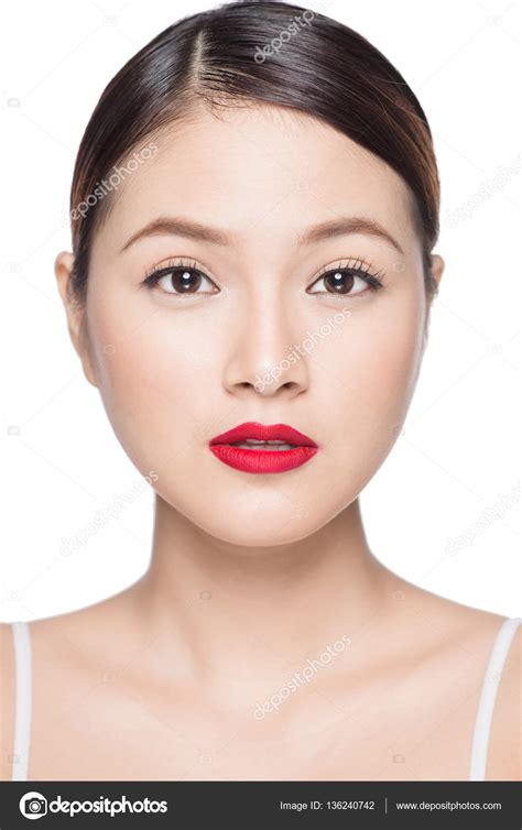Amazing Asian Woman Portrait Retro Make Up Red Lips With Perfect Stock