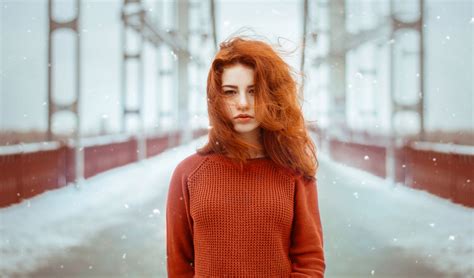 wallpaper redhead portrait snow bridge depth of field women outdoors 2016x1186 motta123