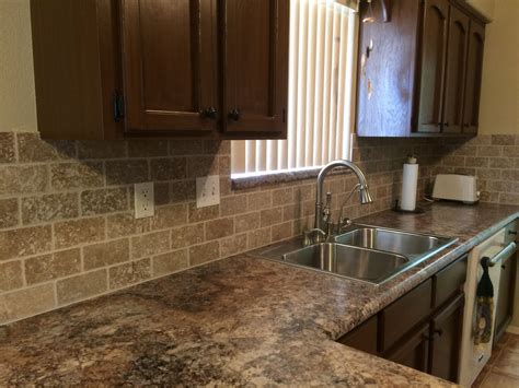 Formica S Antique Mascarello Counter With Tumbled Noce 3 X6 Travertine Backsplash Tiles And