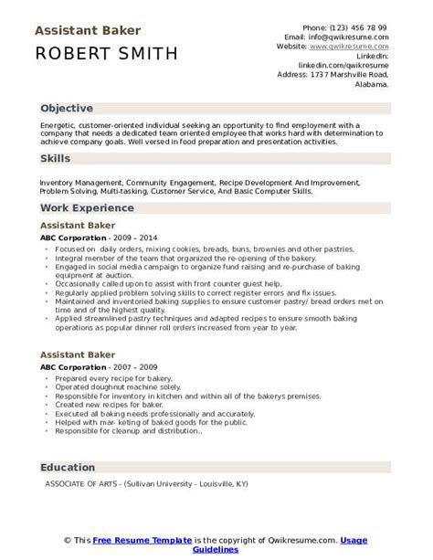 Assistant Baker Resume Samples Qwikresume