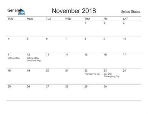 United States November 2018 Calendar With Holidays