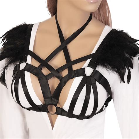 Black Lingerie Sexy Tops Soft Feather Harness Steampunk Gothic Adjust Elastic Harness Bra Caged