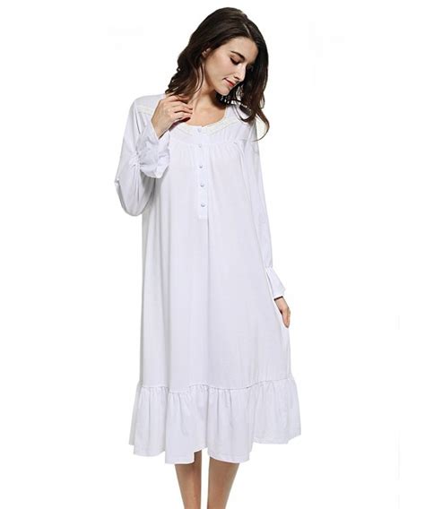 Womens White Cotton Victorian Vintage Nightgown Long Sleeve Martha