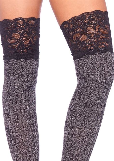 Leg Avenue Ribbed Knit Over The Knee Slouch Socks With Wide Lace Top In Hosiery Leggings