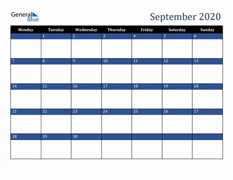 September 2020 Calendar With Monday Start