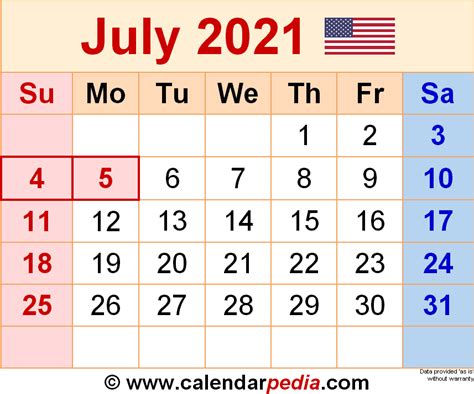July 2021 Calendar Templates For Word Excel And Pdf