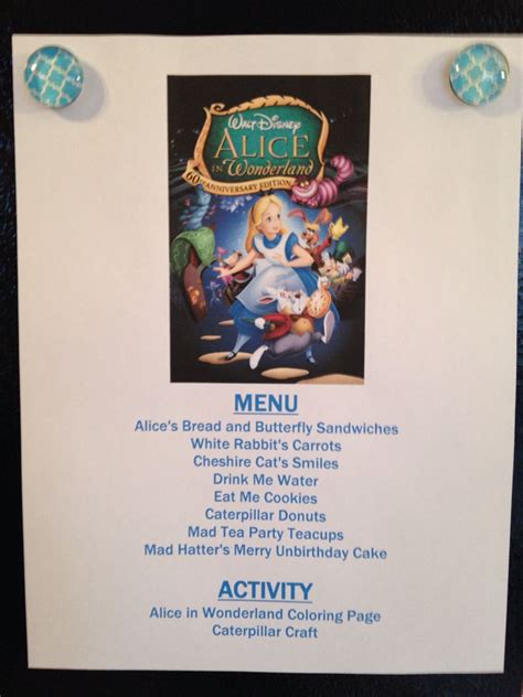 Alice In Wonderland Menu Alice In Wonderland Movie Night Disney