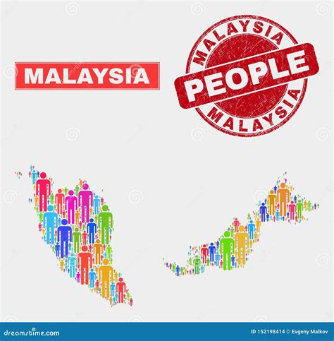 Malaysia Map Population Demographics And Textured Stamp Seal Stock