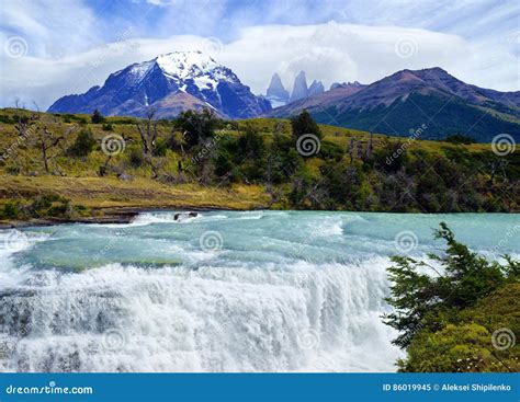 Torres Del Paine National Park River Paine Waterfall Stock Image