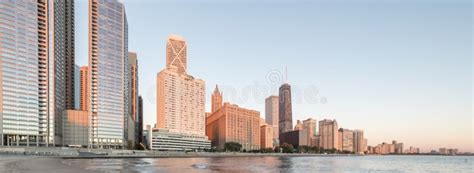 Panoramic View Reflection Of Chicago Skyscraper On Michigan Lake Stock