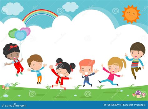 Kids Jumping On The Playground Children Jump With Joy Happy Cartoon