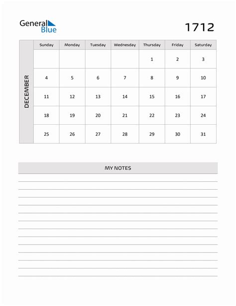 December 1712 Printable Monthly Calendar With Notes