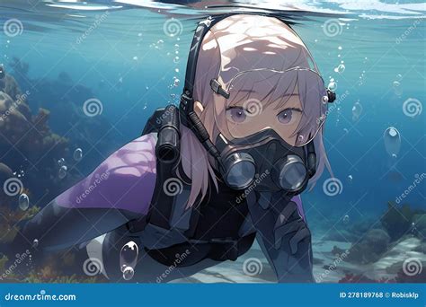 Scuba Diving Anime Girl In A Suit With A Mask On Her Head Stock
