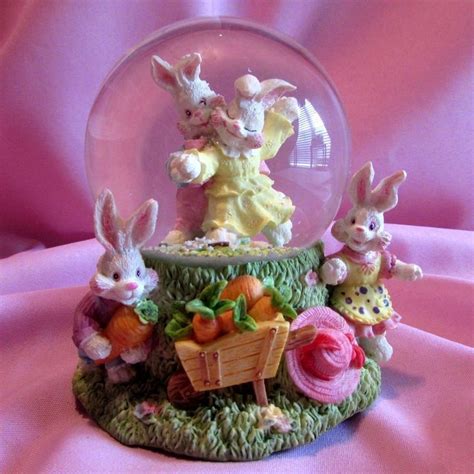 Musical Easter Snow Globe Dome Bunnies Rabbits Dancing Plays Easter