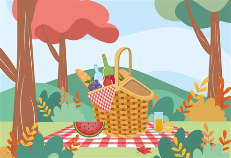 Picnic Basket With Wine And Food In Park Vector Art At Vecteezy