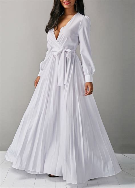 V Neck Long Sleeve White Belted Maxi Dress On Sale Only Us3679 Now