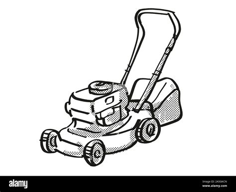 Retro Cartoon Style Drawing Of A Lawn Mower On Isolated White