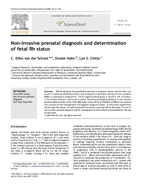Pdf Non Invasive Prenatal Diagnosis And Determination Of Fetal Rh Status Sinuhe Hahn