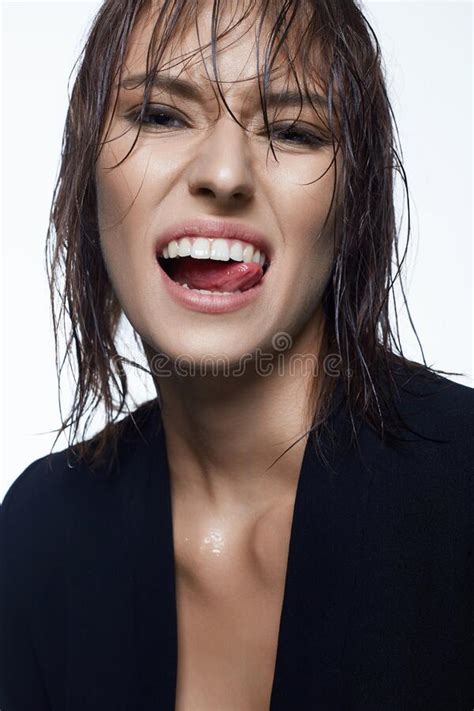 happy smiling woman with wet hair beautiful laughing lady white teeth smile stock image