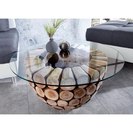 Table basse en bois de teck ronde avec plateau en verre  CbcMeubles