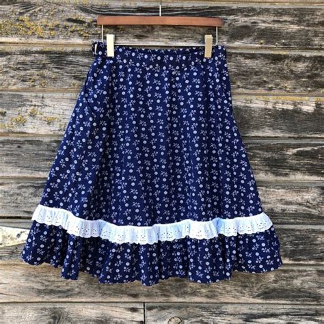 70s Blue Floral Lace Skirt M 1970s Vintage Prairie Full Skirt Etsy