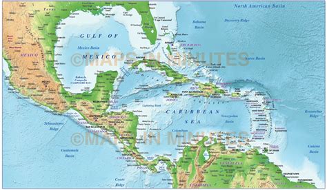 Caribbean Map With Land And Ocean Floor Relief 10m Scale In