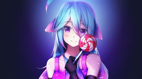 Wallpaper Anime Girl Lolipop Rainbow Blue Hair Purple Eyes