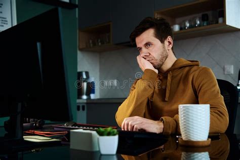 Tired Man Works Late At Workplace In The Night Stock Image Image Of