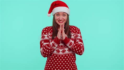 Cheerful Girl In Red Sweater Christmas Santa Shouting Celebrating