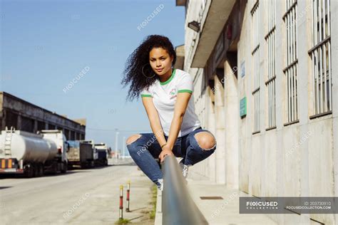 Teenage Girl Sitting On Railing — Style Daytime Stock Photo 203730910