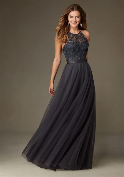 New 2017 Grey Silver Long Tulle Bridesmaid Dresses Beaded Embroidery