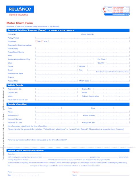 Reliance Motor Claim Form Fill Out And Sign Printable