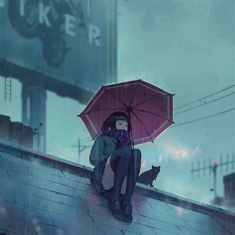 Lonely Girl In Rain With Umbrella Anime
