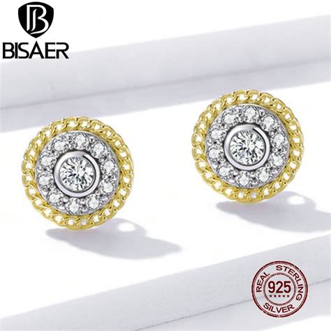 BISAER Golden Light Stud Earrings Sterling Silver Dazzling Zircon Round Earrings For Women