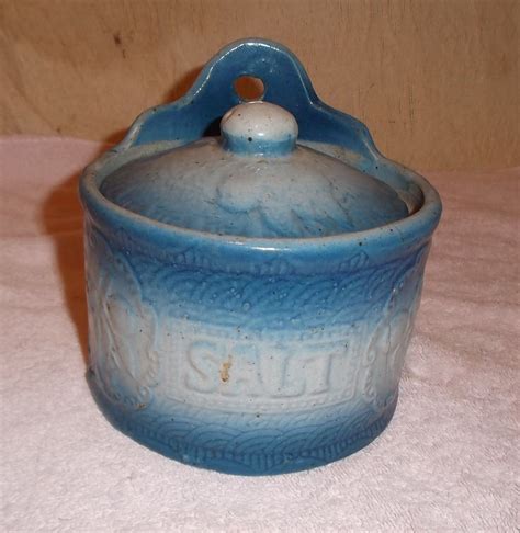 Antique Blue And White Stoneware Salt Crock Box With Lid Cherries