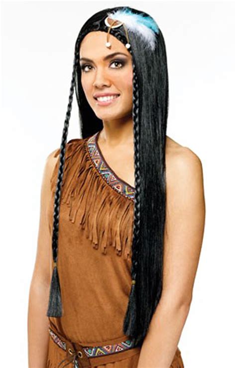 Long Pocahontas Indian Maiden Braids And Feathers Costume Black Wig Ebay