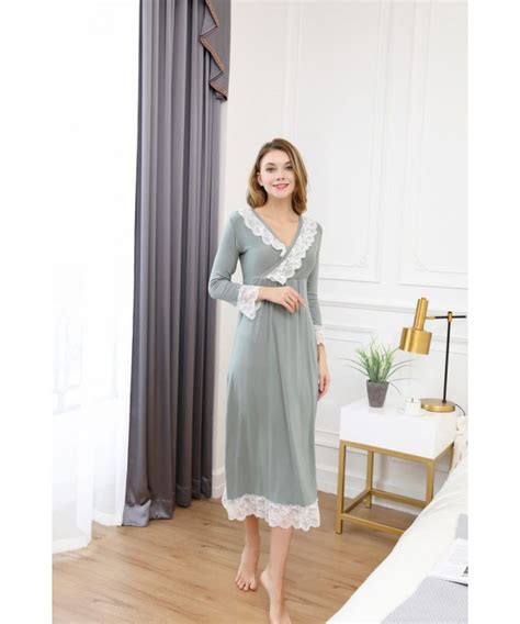 Women Casual V Neck Lace Nightdress Femal Modal Cotton Lingerie Long Sleeve Mid Calf Nightgown