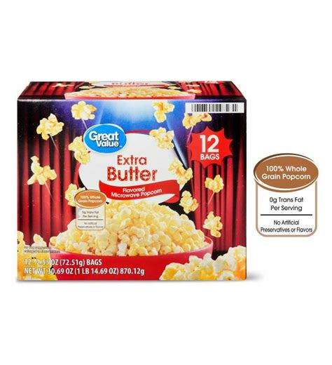 Great Value Extra Butter Flavored Microwave Popcorn 3069 Oz 12 Count