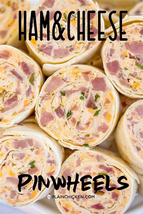 ham and cheese pinwheels on a plate with text overlay that reads ham and cheese pinwheels